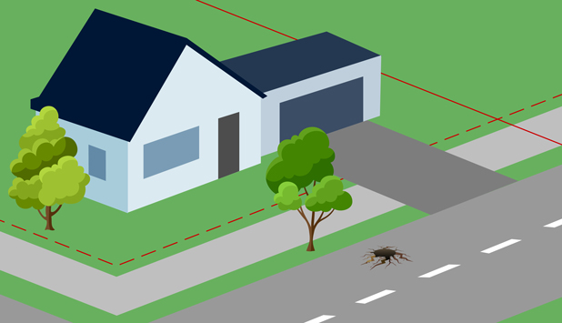 Rendering of street with pothole in front of house