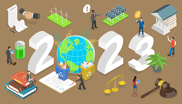 Several small images suggesting environmental and pollution prevention laws against the word 2023