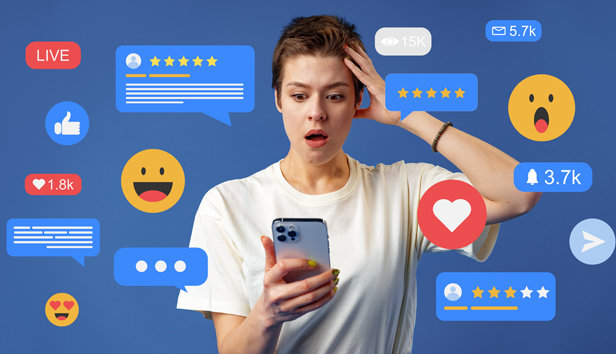 A surprised woman reads comments by critics on social media