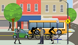People walking, biking, driving a car, or riding on a bus