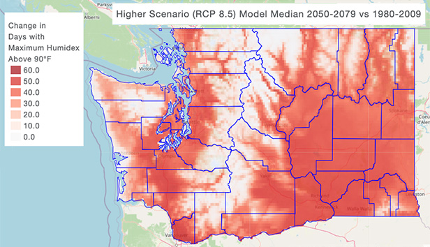 Map of Washington State showing how frequency of days reaching a humidity index over 90 degrees might change from 2050-2079