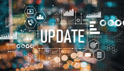 The word 'update' against a blurred background and tech and communication related images