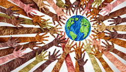 Many hands in a multitude of colors surround and stretch towards the earth