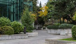View of a little public park with trees and greenery along Seattle's city hall exterior